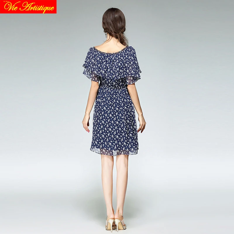 women's render Christmas skater dress lady's long casual office slim fit silk dresses blue floral party 2018 spring summer VA |