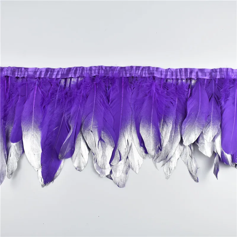 Purple Silver 2 м/лот золото окунутое украшение из гусиных перьев окрашенные Настоящее гусиное перо для ремесел лента с бахромой санмы Свадебные Перья украшения - Цвет: Purple Silver