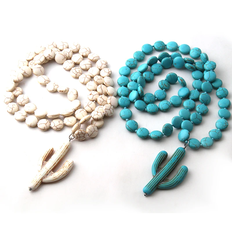 Модное ожерелье с узелком из белого и бирюзового кактуса этническое богемное