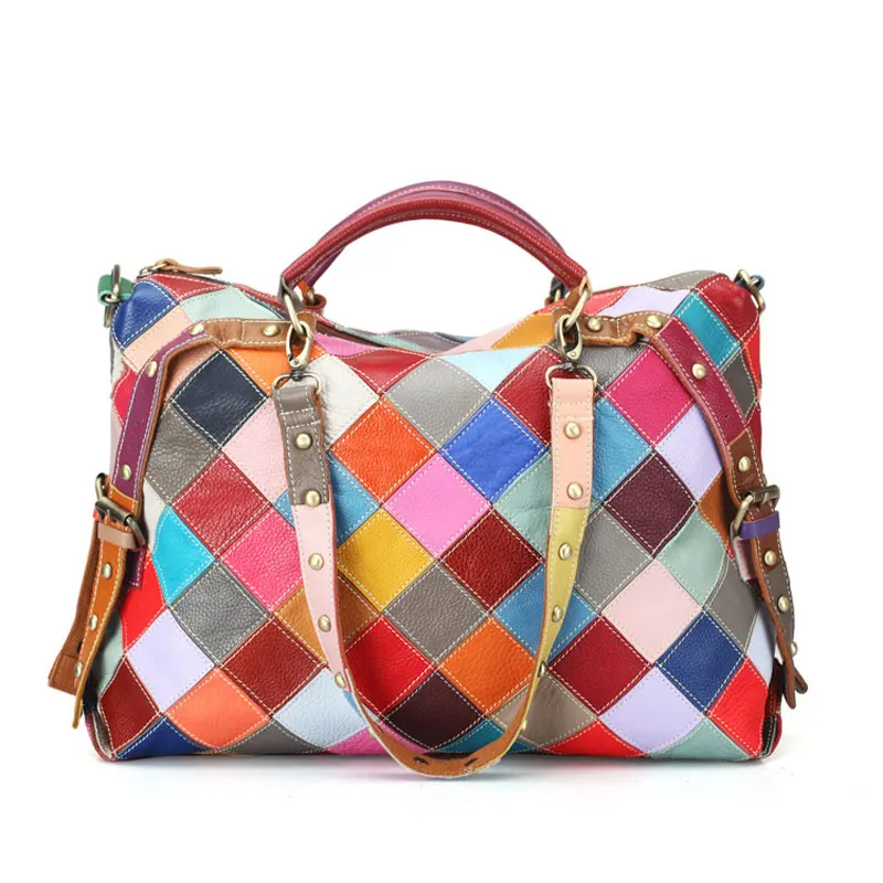 Multicolor Бренд ESUFEIR, натуральная кожа, женская сумка, цветная натуральная кожа, пэчворк, сумка на плечо, большая вместительность, повседневные сумки-тоут - Цвет: Multicolor