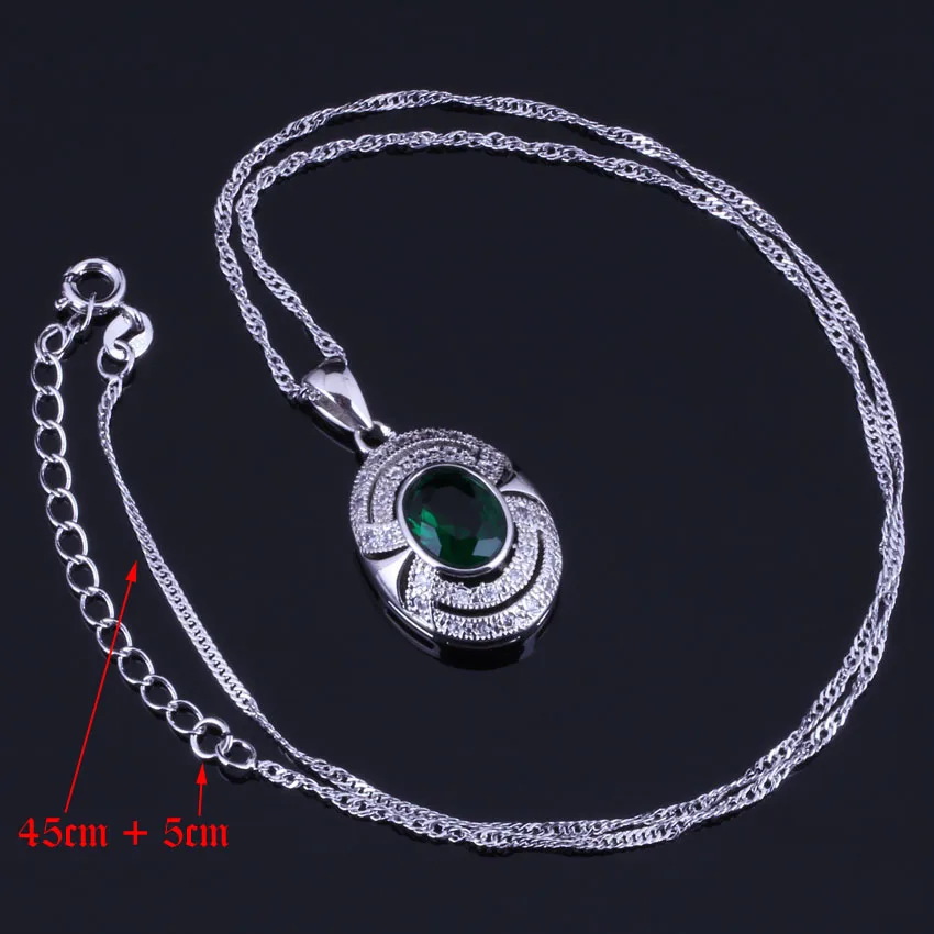 Elegant Oval Egg Green Cubic Zirconia White CZ Silver Plated Jewelry Sets Earrings Pendant Chain Ring V0270 | Украшения и