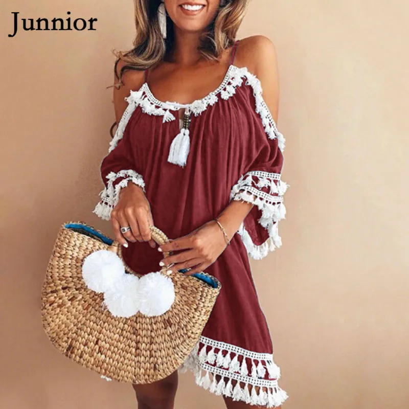 Junnior Summer Fashion Strap Ladies Dress Off The Shoulder Dresses Women Batwing Sleeve Loose Tassel Femme Vestidos | Женская одежда