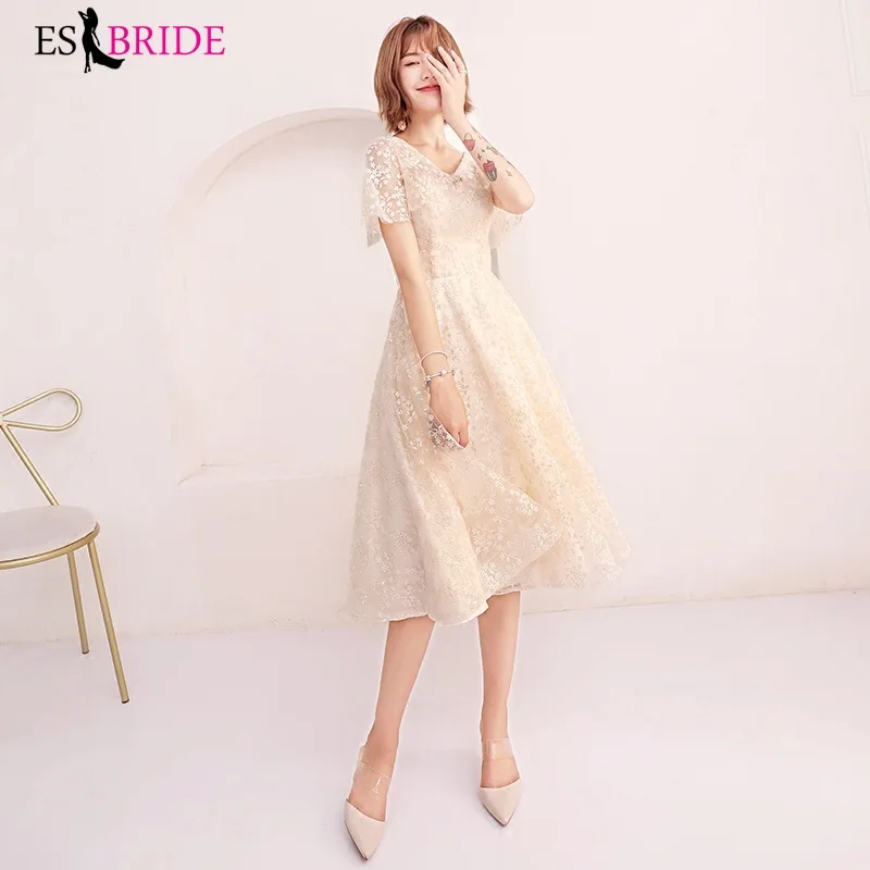 New Arrival Elegant Prom Dresses Little Khaki V-neck Evening Dresses Tulle Short Sleeve Sexy Long Party Gowns for Women ES1148