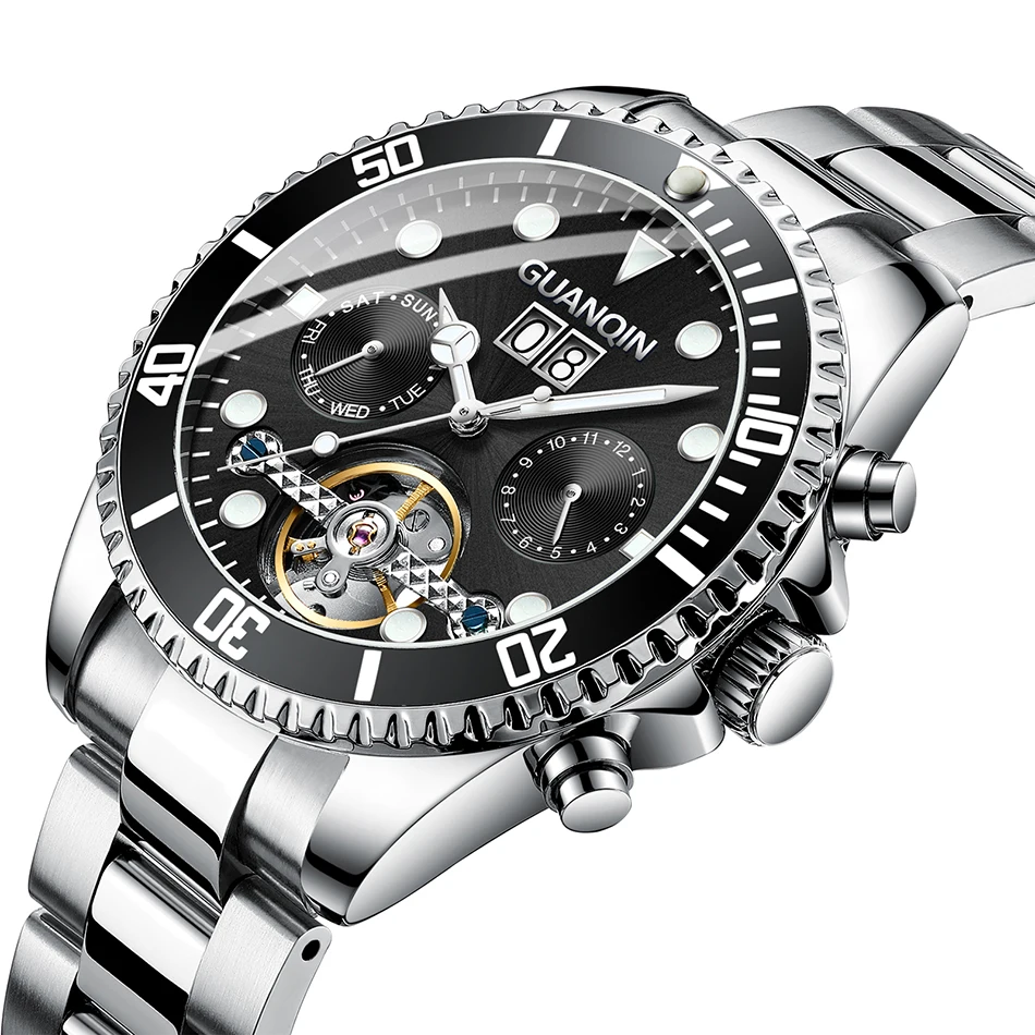 

Fashion Mechanical watches GUANQIN Multifunction Automatic Watch Men Tourbillon Calendar Week Month Steel Strap Skeleton watch