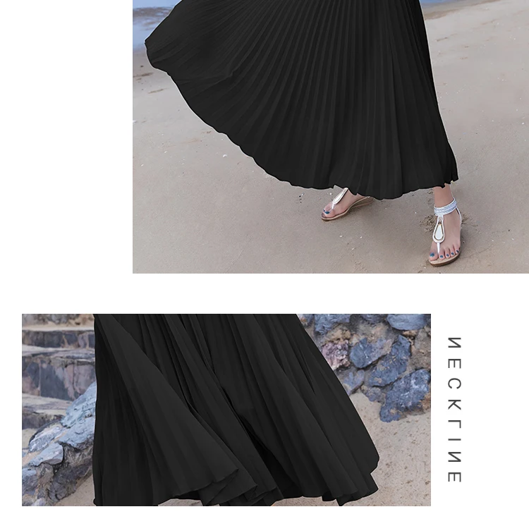 Summer Long Skirts Womens High Waist Vintage Boho Pleated Skirts Solid Color Chiffon Beach Maxi Skirt For Women Saia Faldas