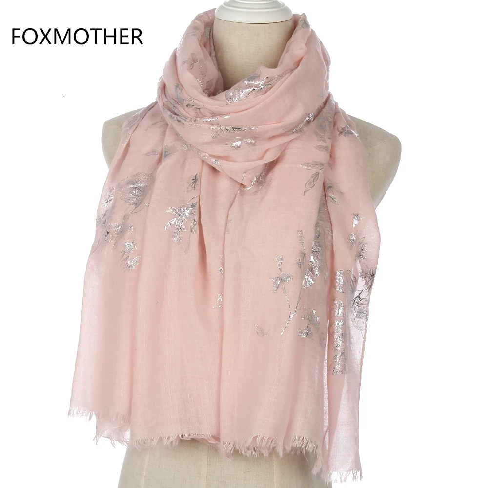 FOXMOTHER Модный Блестящий черный розовый цветочный узор Блестящий Фольга Серебряный длинный хиджаб бахрома шарфы для женщин дамы