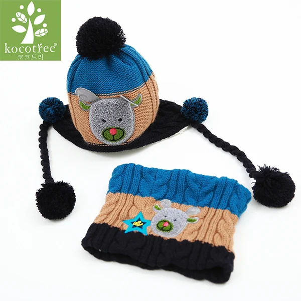 Hat And Scarf Детская теплая флисовая Шапочка с подкладкой для мальчиков и девочек, шапка с шарфом, зимние меховые шапки для детей, детские шапочки с помпоном Skullies Beanies - Цвет: Hat And Scarf