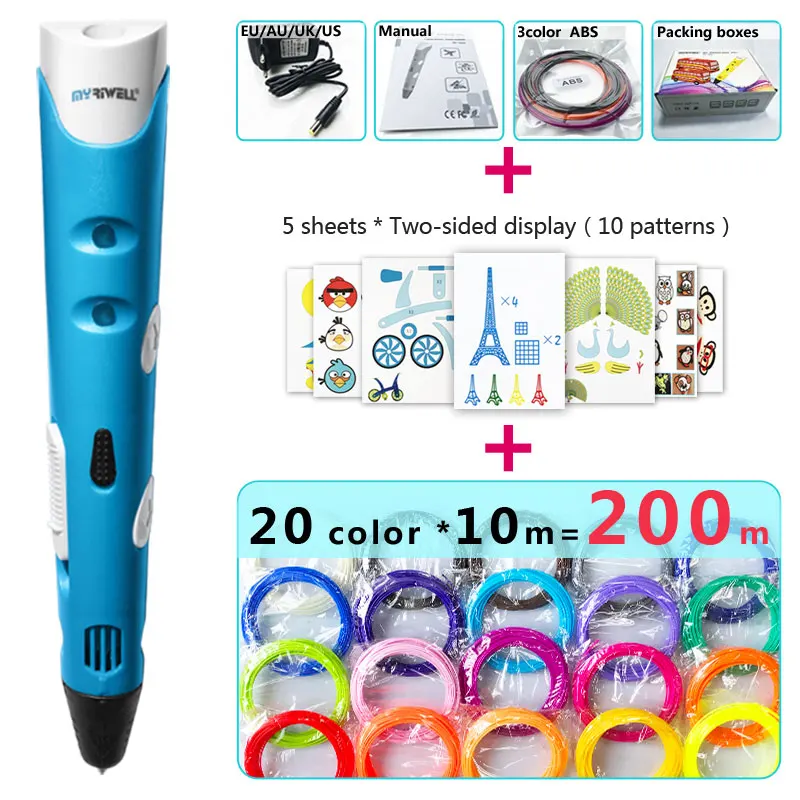 Blue pen Package 3 Myriwell 3d Ручка 3d ручки, 1,75 мм ABS/PLA нити, 3 d pen3d модель, Creative3d ручка для печати, лучший подарок для детей DIY креативный, pen-3d - Цвет: Blue pen Package 3