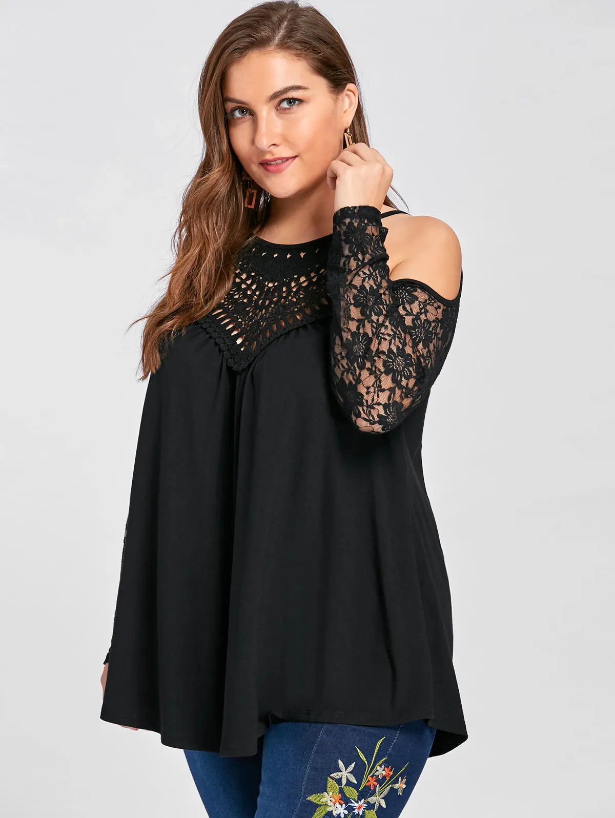 Wipalo Plus Size 5XL Lace Trim V Neck Cold Shoulder Flowy Top Femme Crochet Vintage Shirt Women Summer 2017 Oversize|shirt women summer|women