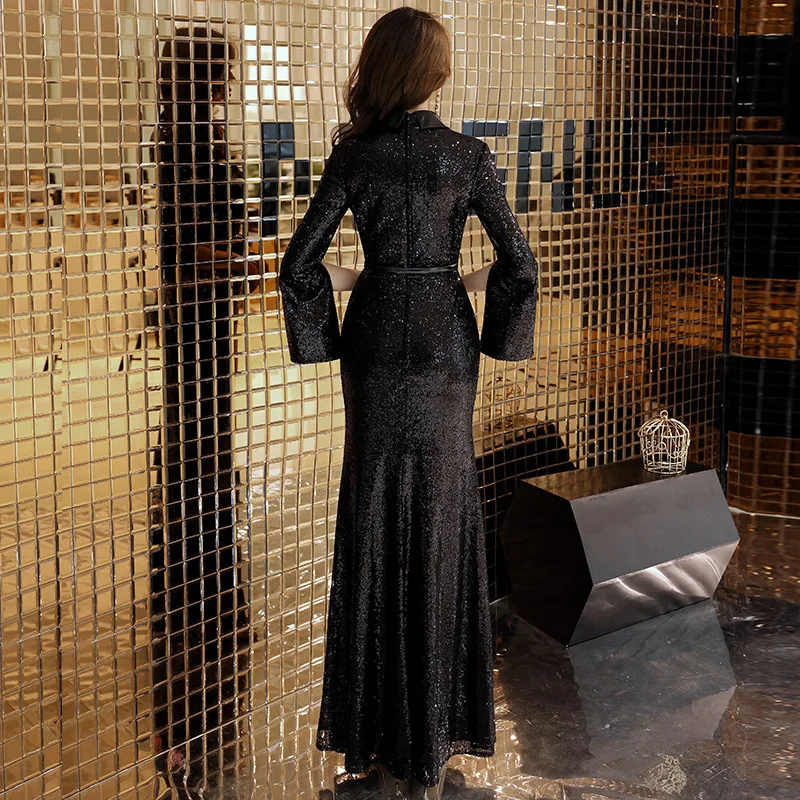 Черное длинное платье-Ципао с v-образным вырезом и русалочкой Vestidos брюки-чонсам