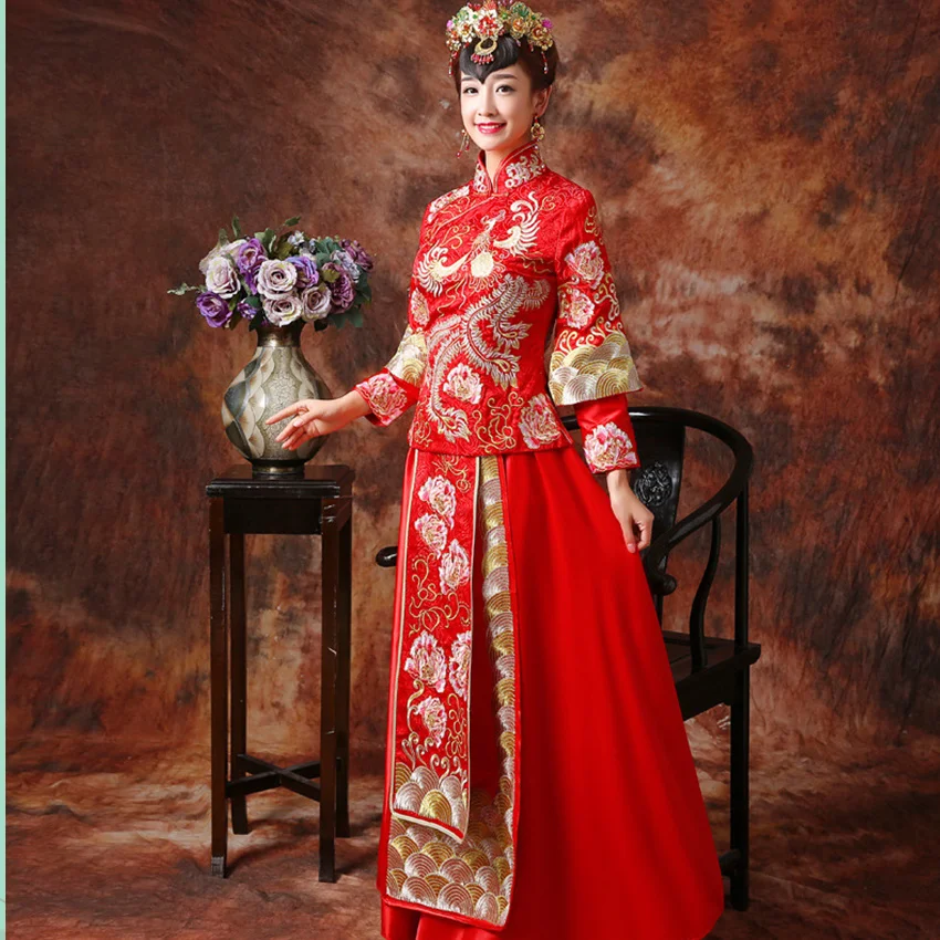 Tafiy 2018 Вышивка дракон платье невесты свадебное Китайский Стиль Феникс Cheongsam