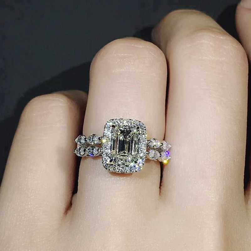 Винтажные большие квадратные кольца прозрачные циркониевые женские серебряные