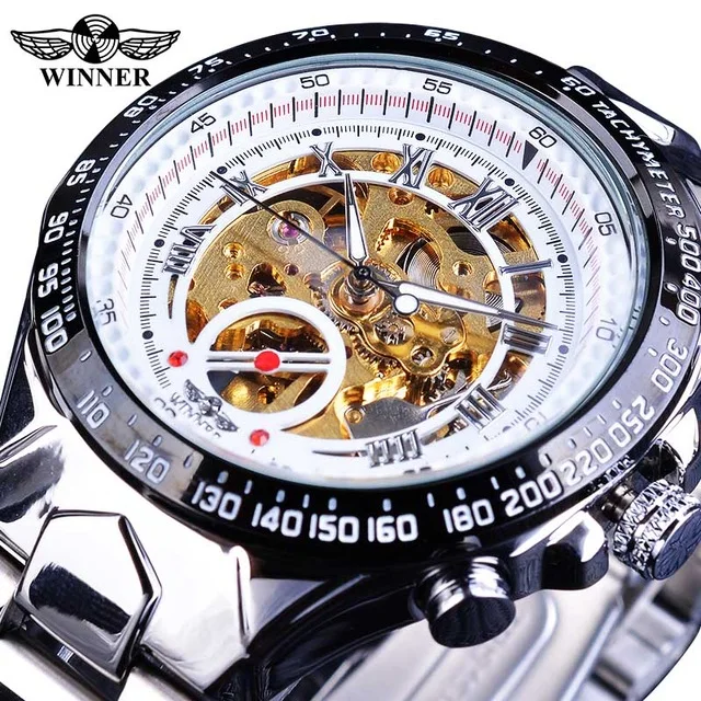 white gold Top Brand Luxury Automatic Wristwatch Winner Classic Series Golden Movement Inside Silver Stainless Steel Mens Skeleton Watch - Цвет: white gold