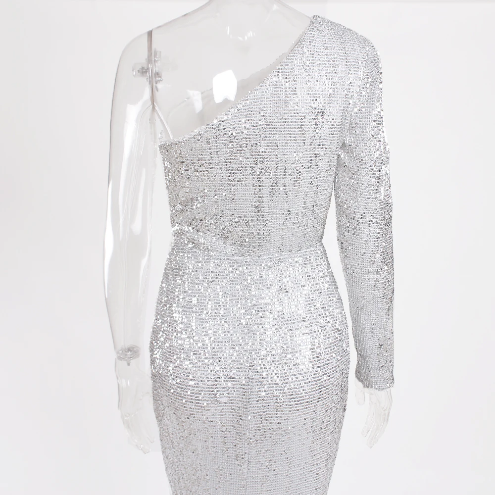 Расшитое блестками платье макси с одним рукавом элегантное облегающее платье на одно плечо длиной до пола платье русалки темно-синее зеленое серебряное