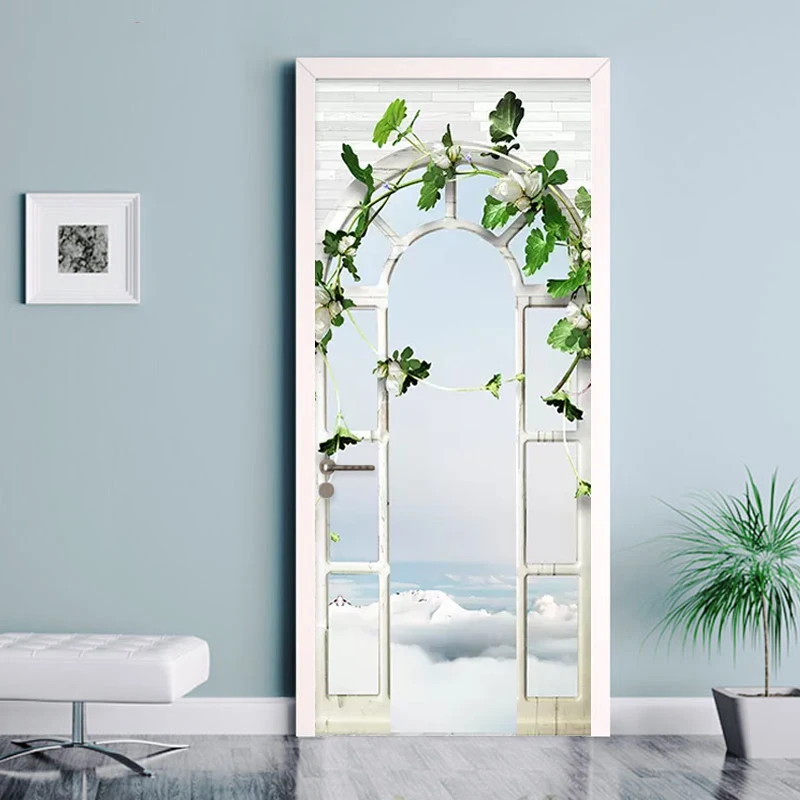 Self Adhesive Waterproof Flower Leaves 3D Door Stickers Canvas Home Decor Renew PVC Mural Paper Print Art Pictures For Bedroom