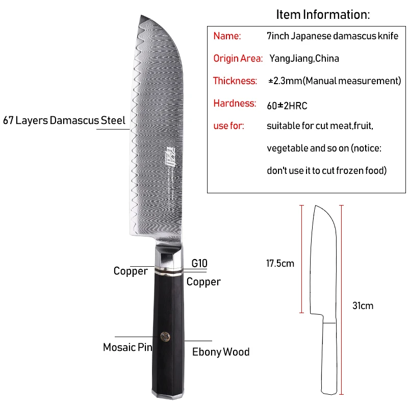 FINDKING Professional 7 дюймов нож Santoku эбенового дерева восьмиугольная ручка лестница узор