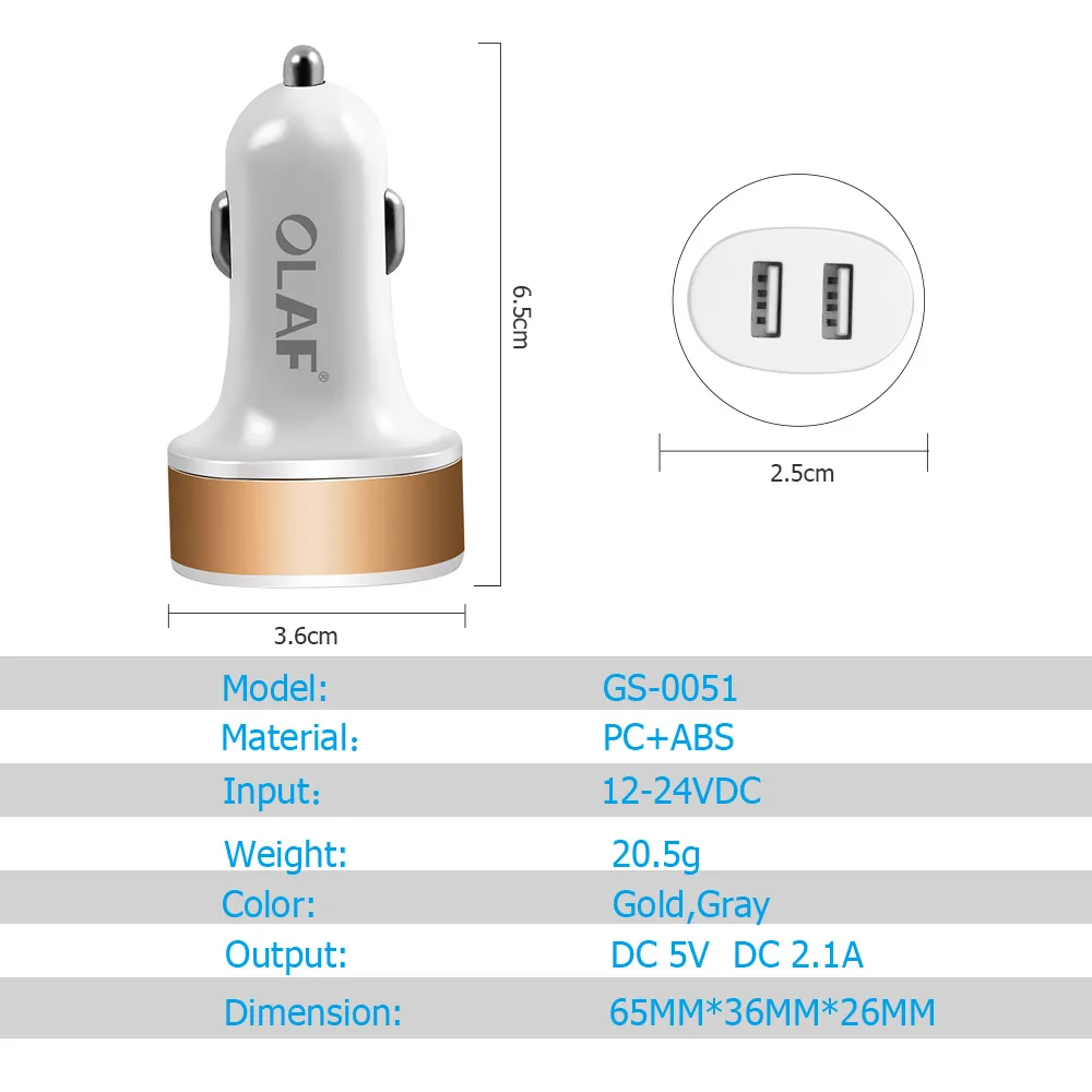 OLAF Dual Car Зарядное устройство для iphone 8 7 Мобильный телефон 2 Порты и разъёмы USB
