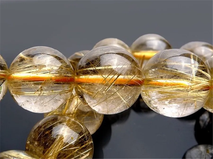 13.5mm Rond Beads Genuine Natural Gold Yellow Rutilated Quartz Bracelet Crystal Clear Round Bead Stretch From Brazil | Украшения и