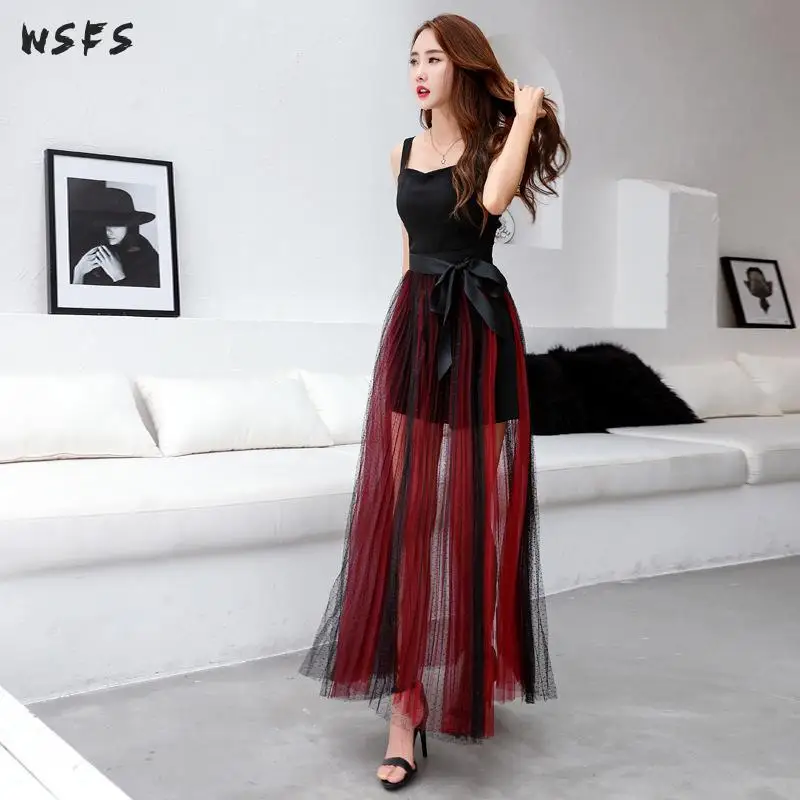

2 Piece Set Summer Black Spaghetti Strapless Top Womens Dress Red See Through Skirt Ladies Mesh Lace Up Long Sexy Party Skirts