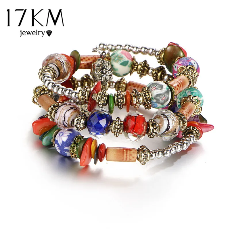 BJCS57700 17 км женщина Boho Многослойные Бусины и бисер Браслеты с подвесками для Для женщин Винтаж Смола камень Браслеты Этнические украшения Шарм - Окраска металла: BJCS57700