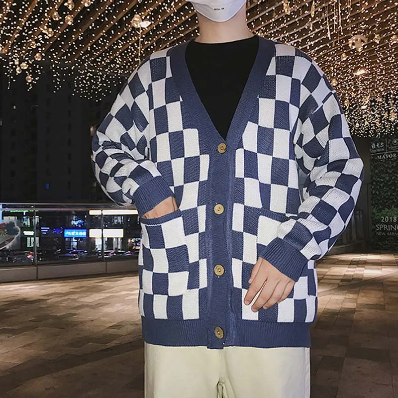 Plaid Oversized Sweater Men Hip Hop Mens v Neck Knit Cardigan Hombre Korean Checked Vintage Knitted Jacket Sweaters Mens Stylish - Цвет: Blue