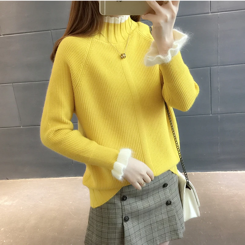 Women Sweaters Pullovers 2019 Autumn Winter Ruffles Sleeve Turtleneck Tops Knitwear Pull Femme Casual Woman Sweater Pullover | Женская