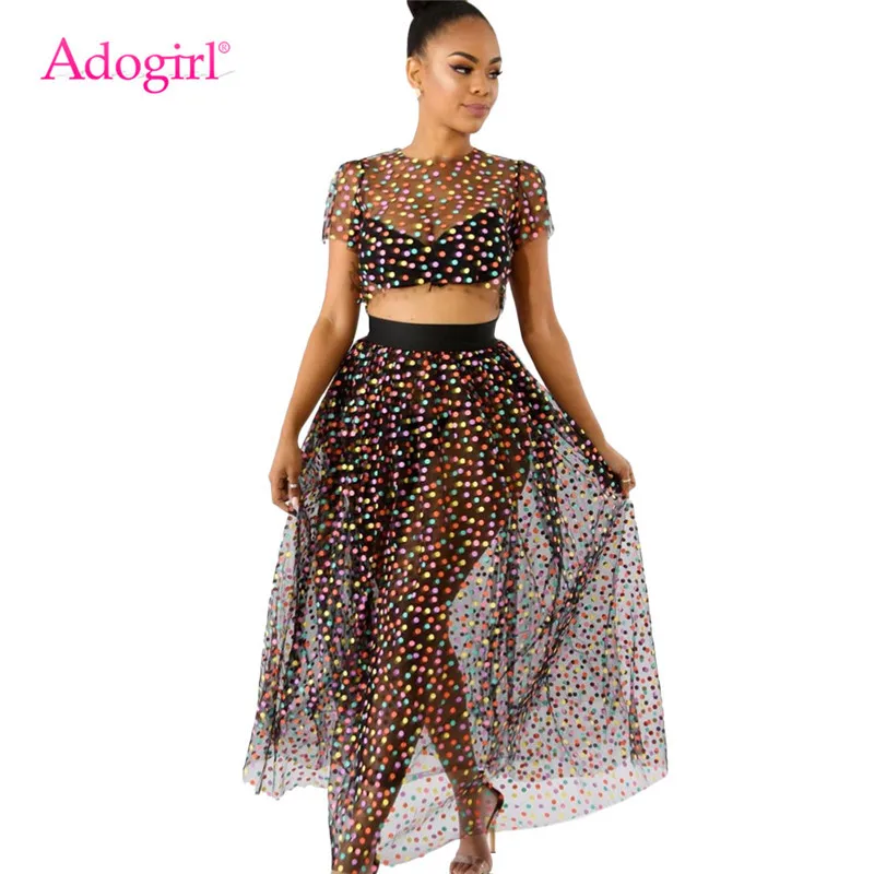 Adogirl красочный горошек печати Sheer Mesh комплект из двух предметов платье с круглым