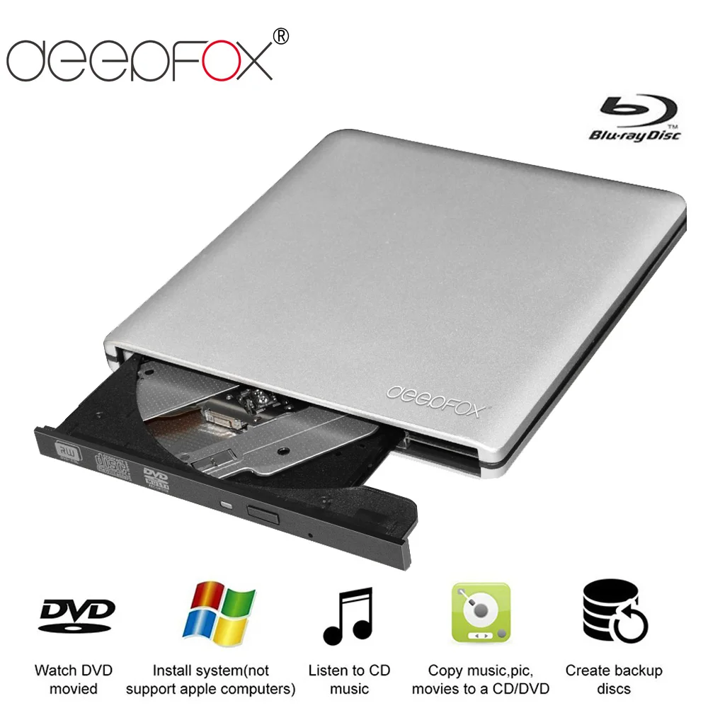 Deepfox Aluminium Blu-Ray Drive Slim USB 3.0 Bluray Burner BD-RE CD/DVD RW Writer Play 3D Blu-ray Disc For Laptop Notebook