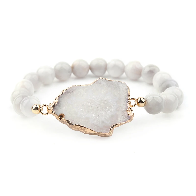 8mm Agate BOJIU натуральный камень Нерегулярные Druzy браслеты с подвесками для женщин эластичные ручной работы 8 мм 10 мм круглые бусины браслеты Femme подарки BC301 - Окраска металла: 8mm Agate