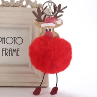 lovely christmas deer pendant keychain plush artificial rabbit fur ball keyring pompon for women car bag santa claus elk jewelry