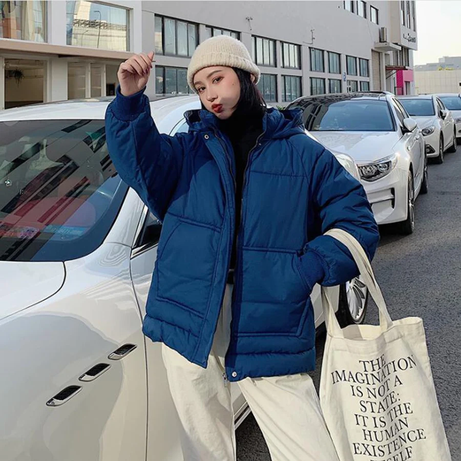 

Autumn and Winter Cotton Coat Women's New Korean Version Fashion Cotton Short Paragraph Plus Size Pocket Hooded Down Jacket Lady