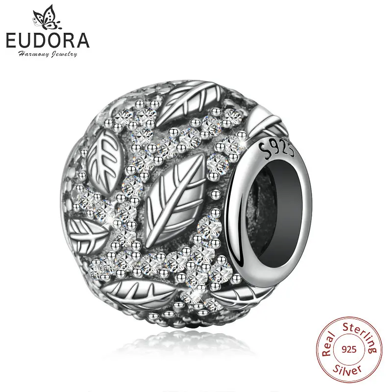 

EUDORA Unique 925 Sterling Silver bead Buddhi Leaf White Zircon Charms & Necklace Beads fit Women Bracelets DIY Jewelry CYZ71