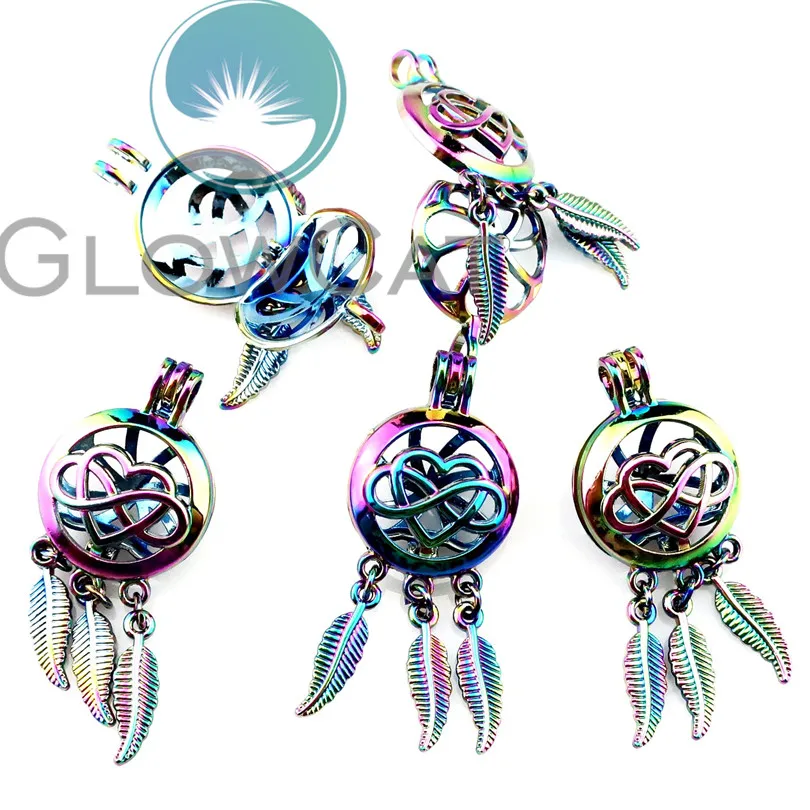 R-C791 Rainbow Color Heart Number 8 Dream Catcher Beads Cage Pendant Perfume Diffuser Aromatherapy Pearl Locket Necklace | Украшения и