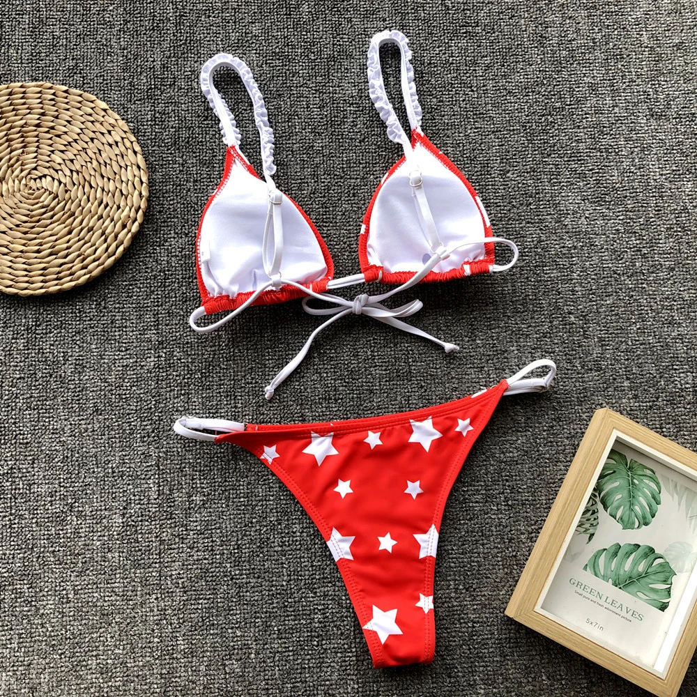 Женский купальник на бретельках кружевной бандажный с принтом в виде звезд