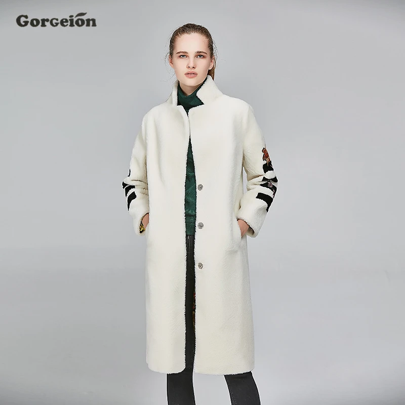Gorgeion Мех животных зимнее пальто стекаются зима девять четверти рукав Вышивка