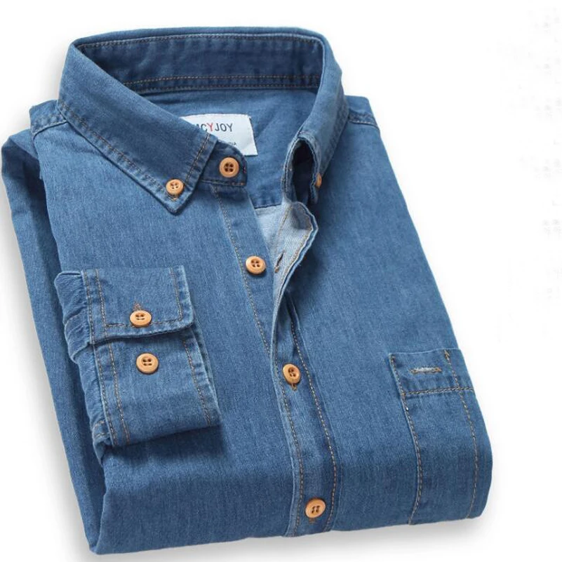 Высококачественная Модная Джинсовая рубашка с длинным рукавом однотонная