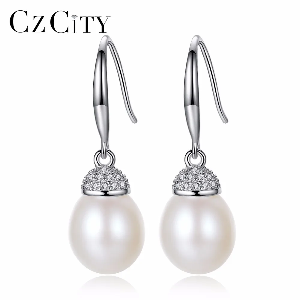 

CZCITY Brand Genuine Natural Freshwater Pearl Drop Earrings Real 925 Sterling Silver Jewelry for Women wholesale Gift