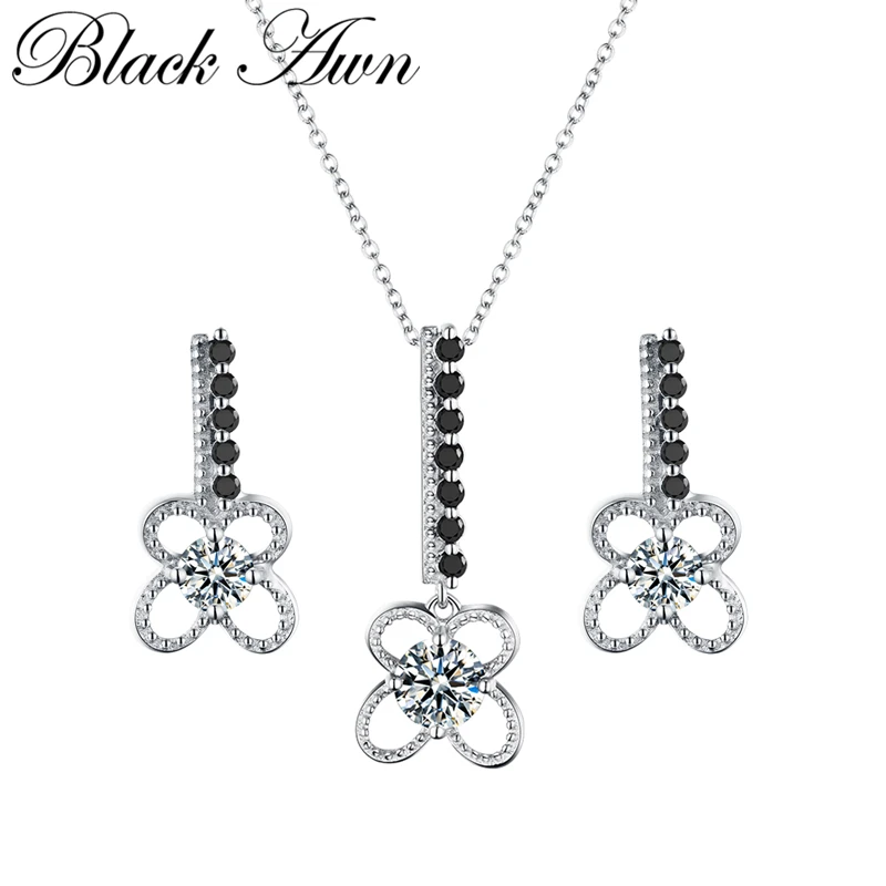 

[BLACK AWN] 925 Sterling Silver Black Spinel Necklace Pendant Earrings Set for Women Silver 925 Jewelry Sets Z012