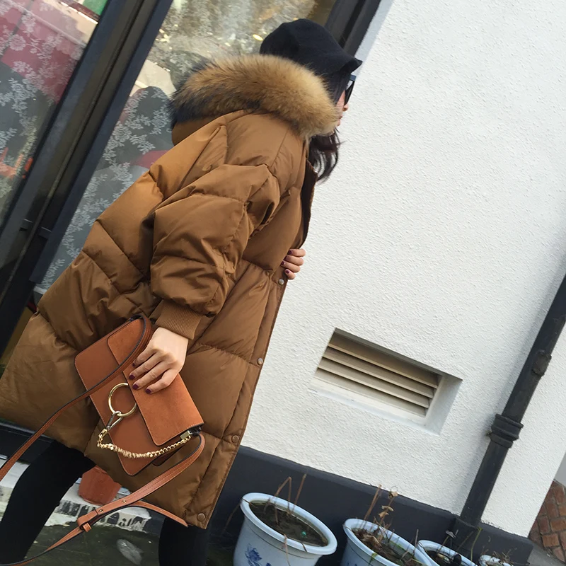 

Large natural raccoon dog fur collar hooded white duck down jackets women loose fit batwing down coats outerwear 2019 winter