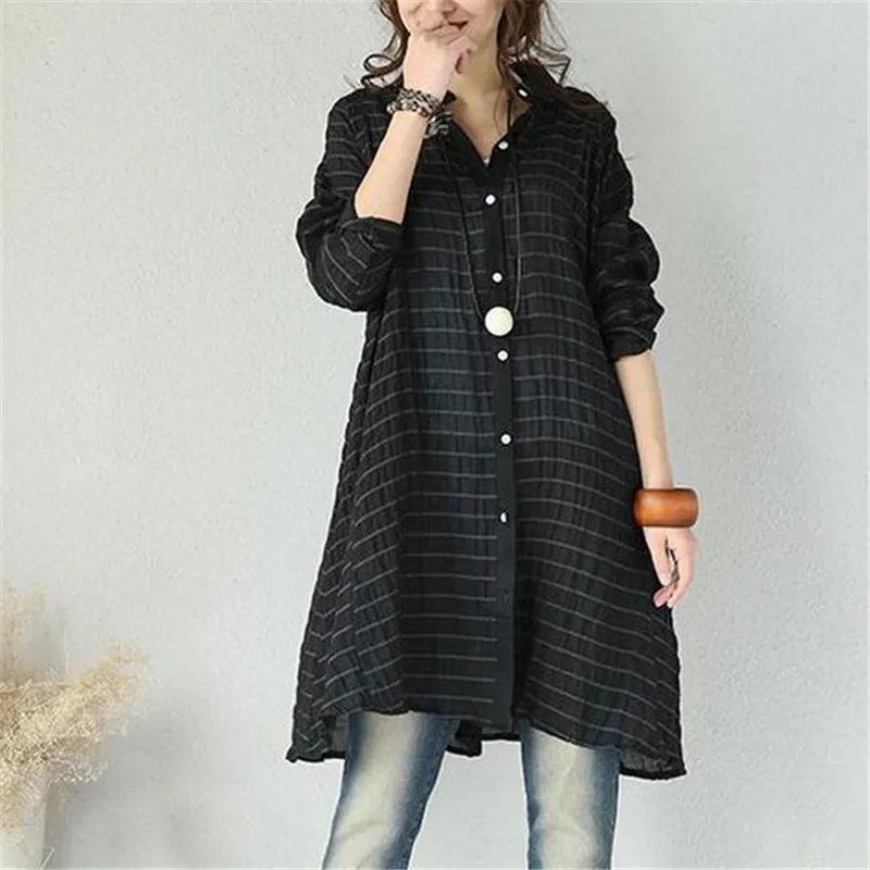 BUYKUD 2018 весна и осень женская повседневная черная рубашка в клетку хлопок лен v