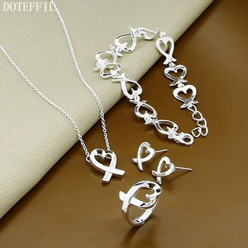 

DOTEFFIL 925 Sterling Silver Heart Necklace Earring Bracelet Ring Set For Woman Wedding Engagement Party Fashion Charm Jewelry