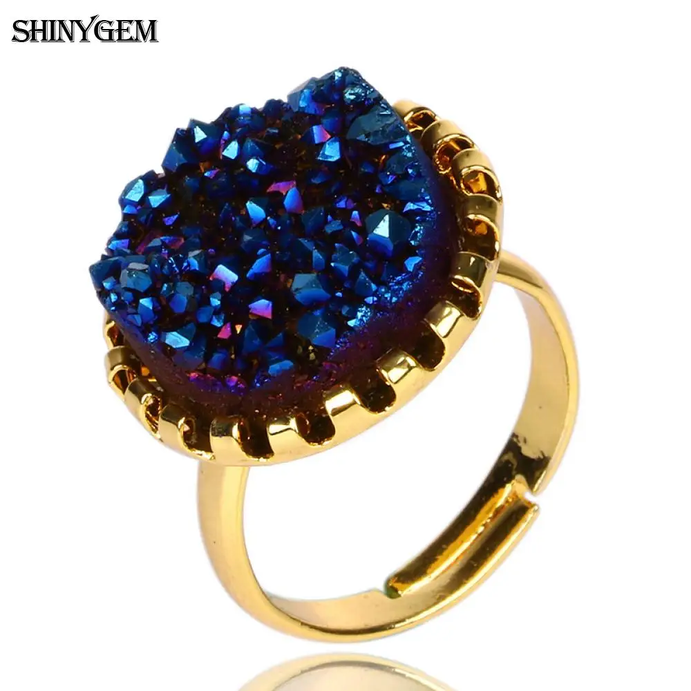 

ShinyGem Fashion Big Stone Rings Adjustable Size Gold Plating Stainless Steel Wedding Ring Natural Crystal Druzy Rings For Women