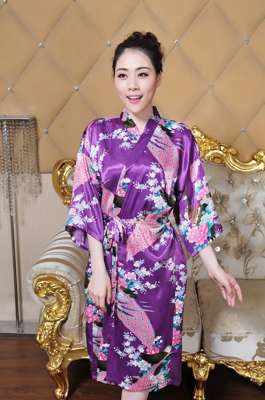 Халат женский Шелковый атласный длинный халат кимоно с цветами для невесты