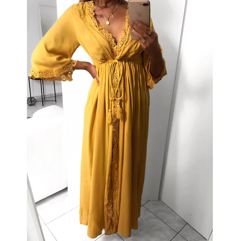 Для женщин s длинный халат мягкий выдалбливают Кружева связать талии