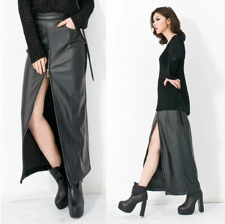 Women's Brand Fashion New Long Zipper Bag Hip Sexy Retro High Pockets Skirt / Leather Skirt / Skirts Can Be Customized