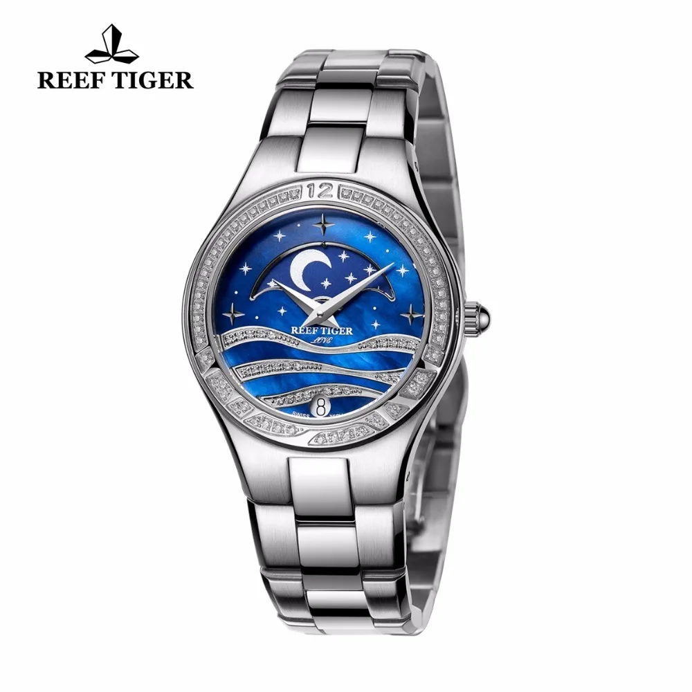 Женские наручные часы Reef Tiger/RT повседневные из нержавеющей стали синего цвета с