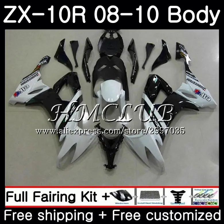

Корпус для KAWASAKI NINJA ZX10R ZX1000C 2008 2009 2010 63HC.17 ZX 10R ZX 10 R ZX1000 ZX-10R черный белый 08 09 10 обтекатель