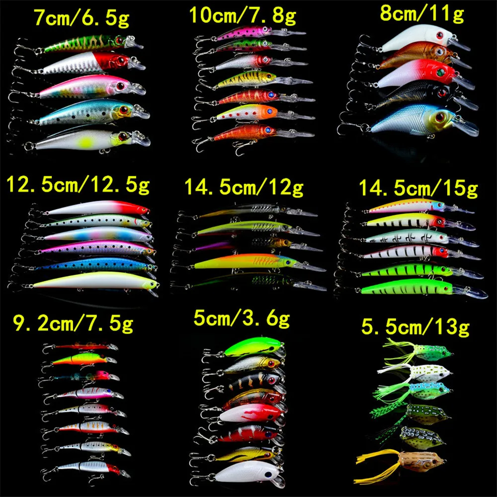 

New 56pcs/set Fishing Lures Mixed Minnow/Crank and Soft Frog bait Artificial Lifelike Plastic Hard Baits Jerkbait Fishing Tackle