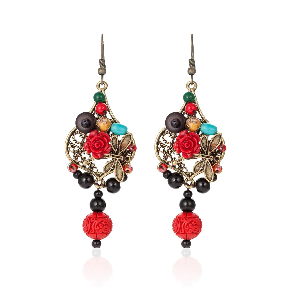 

Vintage Flower Hanging Drop Earrings for Women Dragonfly With Flower Red Ball Tassel Ethnic Earring Wholesales