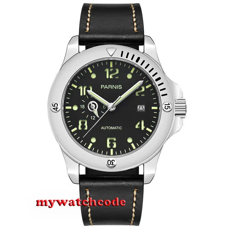 

44mm Parnis black sandwich dial date Sapphire Glass miyato Automatic mens Watch